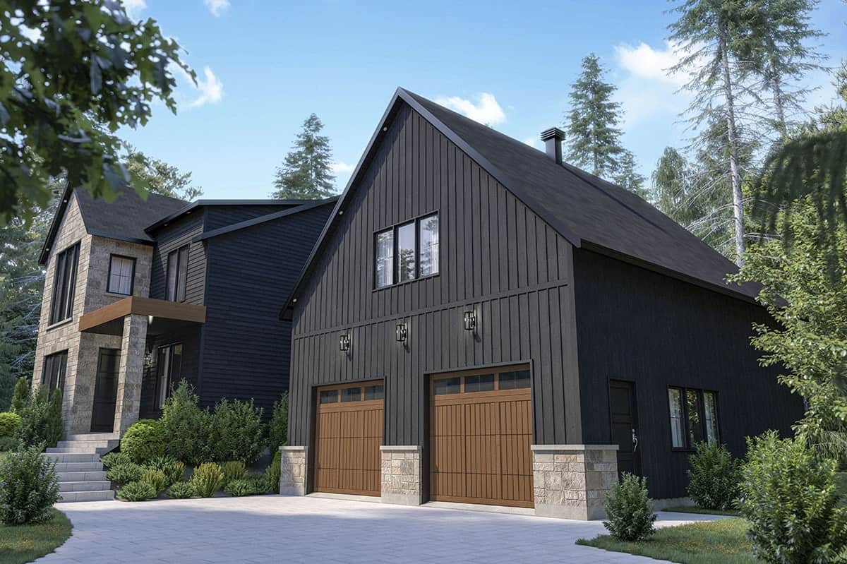 Front-right rendering of the 4-bedroom two-story modern farmhouse with an alternate black exterior.