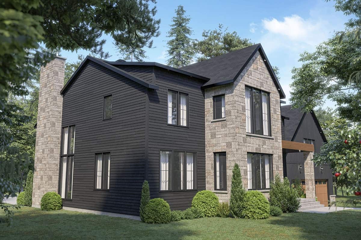 Front-left rendering of the 4-bedroom two-story modern farmhouse with an alternate black exterior.