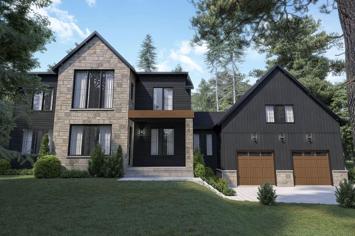 Front rendering of the 4-bedroom two-story modern farmhouse with an alternate black exterior.