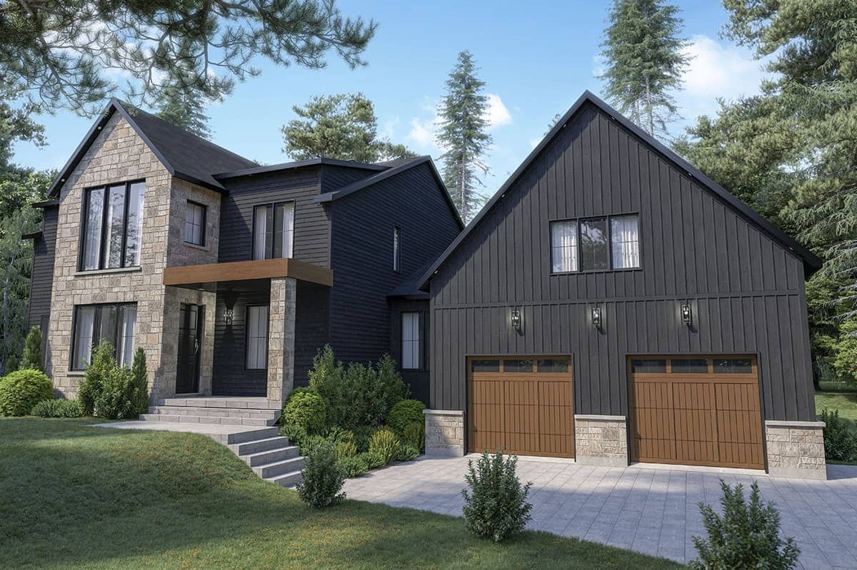 Front rendering of the 4-bedroom two-story modern farmhouse with an alternate black exterior.