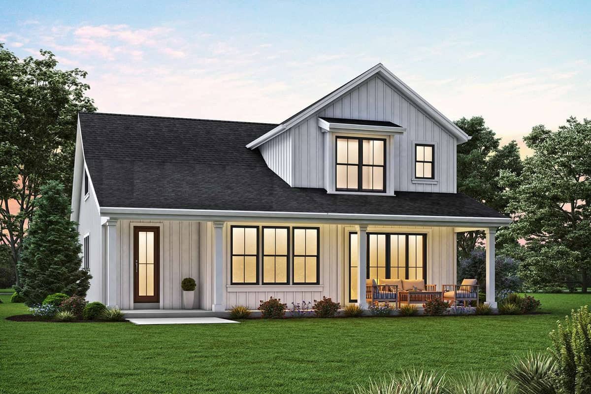 Rear rendering of the 4-bedroom two-story New American farmhouse.