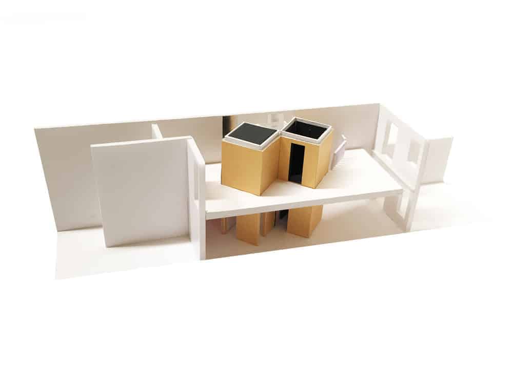 This is a 3D representation of the whole house showcasing the white walls, floor and large yellow structures.