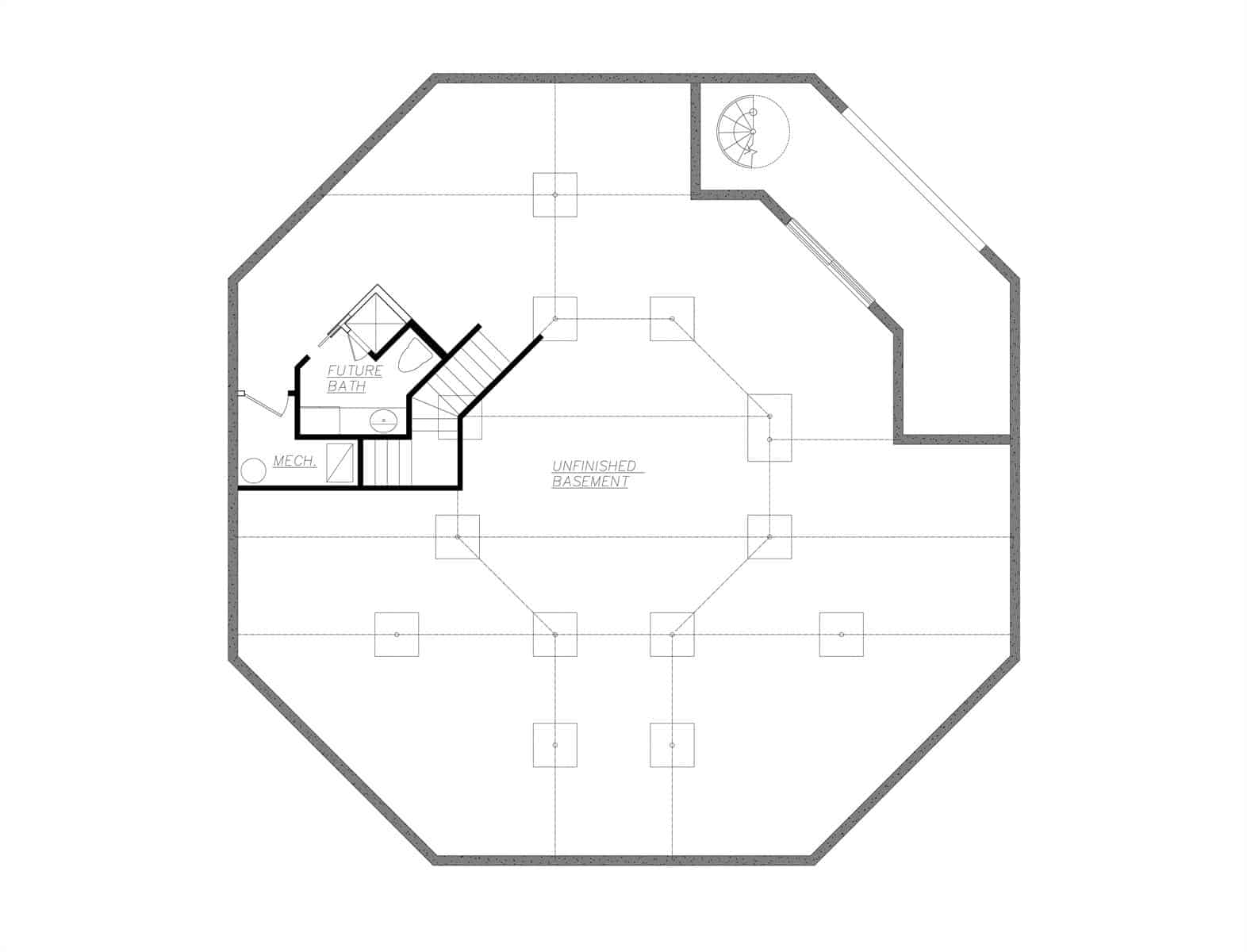 Basement floor plan with future bath, mechanical room, and unfinished spaces.