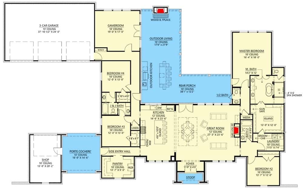 Entire floor plan of a 4-bedroom single-story Acadian ranch with foyer, great room, kitchen, dining area, bedrooms, game room, and a wraparound porch.
