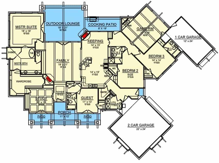 Entire floor plan of a 4-bedroom single-story hill country home with foyer, family room, kitchen, keeping room, study, four bedrooms, game room, and an outdoor lounge with cooking patio.