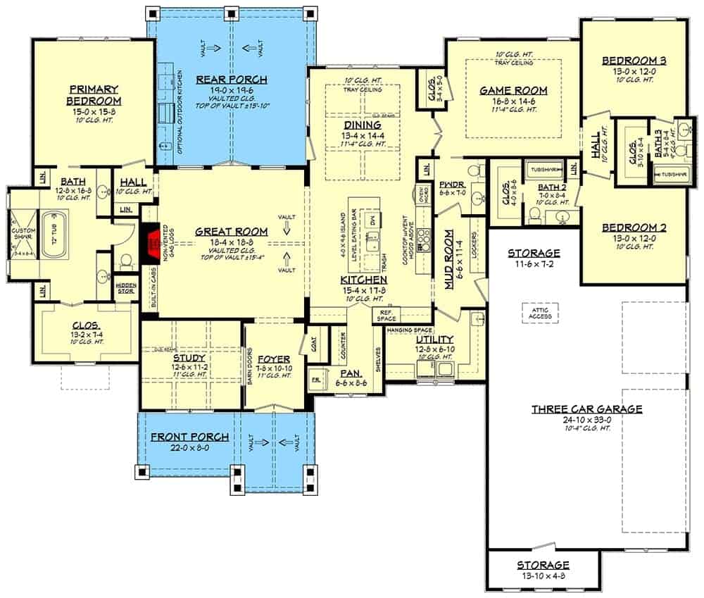 Main level floor plan of a 3-bedroom single-story hill country home with front and rear porches, foyer, great room, kitchen, dining area, utility room, game room, three bedrooms, and a mudroom that opens to the triple garage.