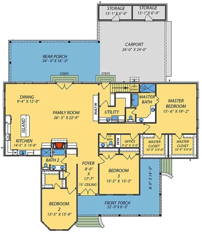 Main level floor plan of a 3-bedroom single-story Southern home with front and rear porches, foyer, family room, kitchen, dining area, three bedrooms, utililty room, and an office.