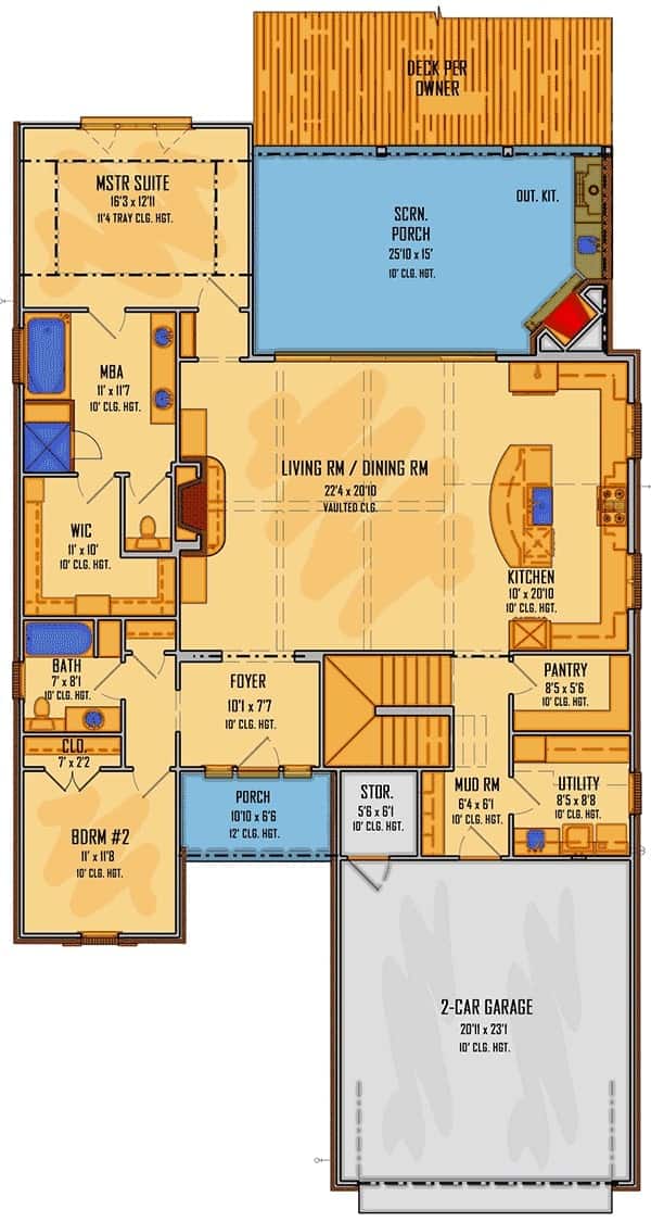 Main level floor plan of a 3-bedroom two-story exclusive country home with foyer, living/dining room, kitchen, utility room, two bedrooms, screened porch, and a mudroom that leads to the double garage.