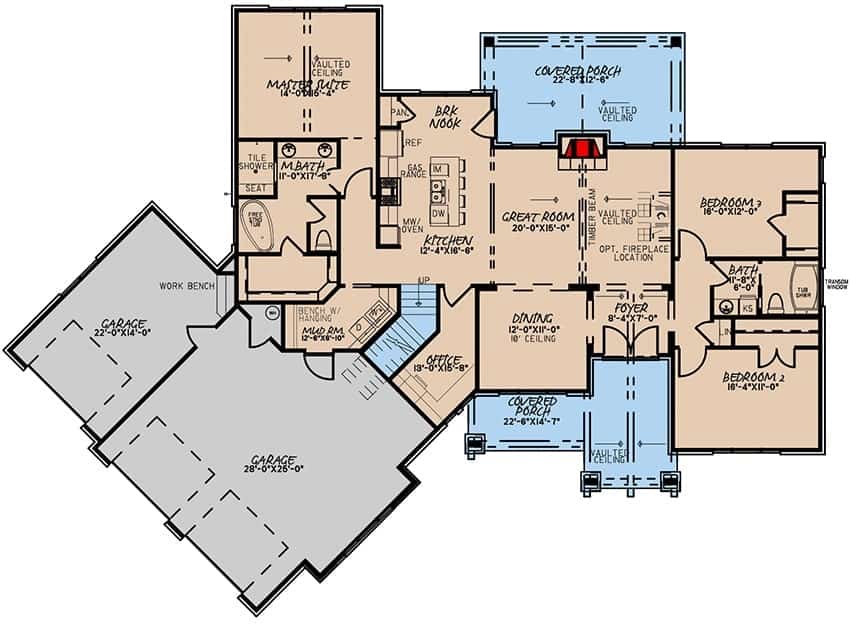 Main level floor plan of a 3-bedroom two-story mountain craftsman with foyer, great room, formal dining room, kitchen with breakfast nook, three bedrooms, and a mudroom that leads to the angled 3-car garage.