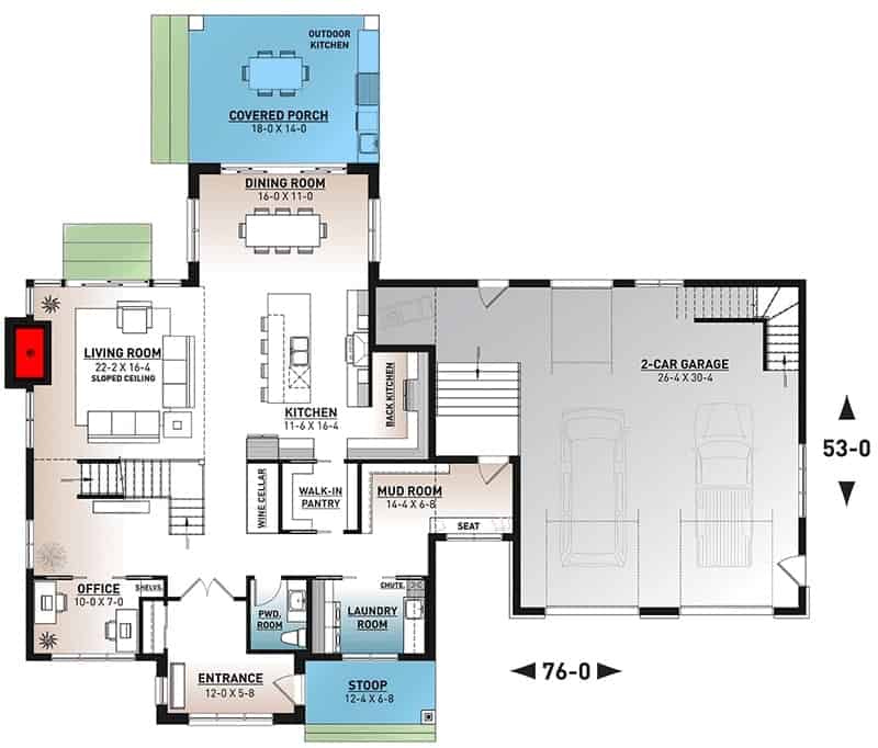 Main level floor plan of a 4-bedroom two-story modern farmhouse with foyer, officem living room, kitchen, laundry room, mudroom, and dining room that opens to the back porch.