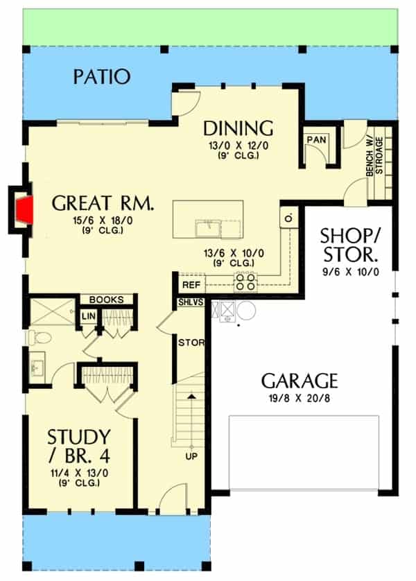 Main level floor plan of a 4-bedroom two-story New American farmhouse with front and rear porches, foyer, great room, dining area, kitchen, study/bedroom, and a mudroom that leads to the double garage.