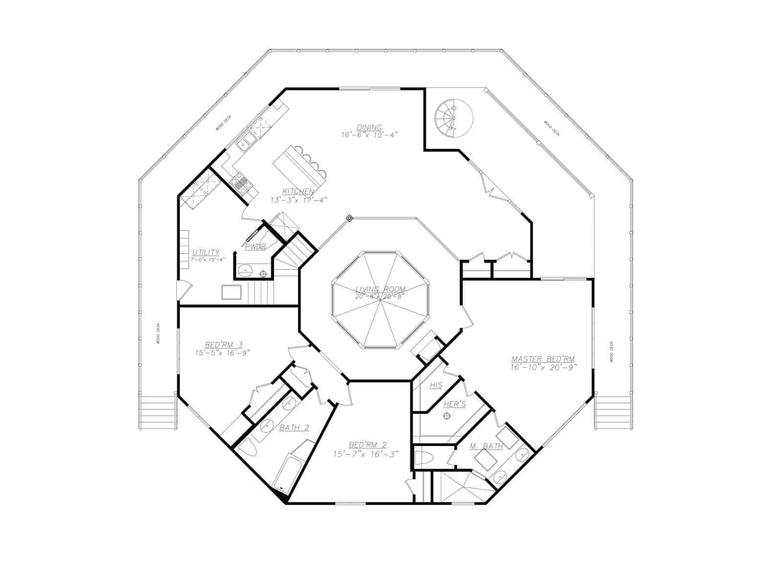 Main level floor plan of a two-story 3-bedroom modern octagon style home with living room, kitchen, dining area, utility room, three bedrooms, and a wraparound deck.