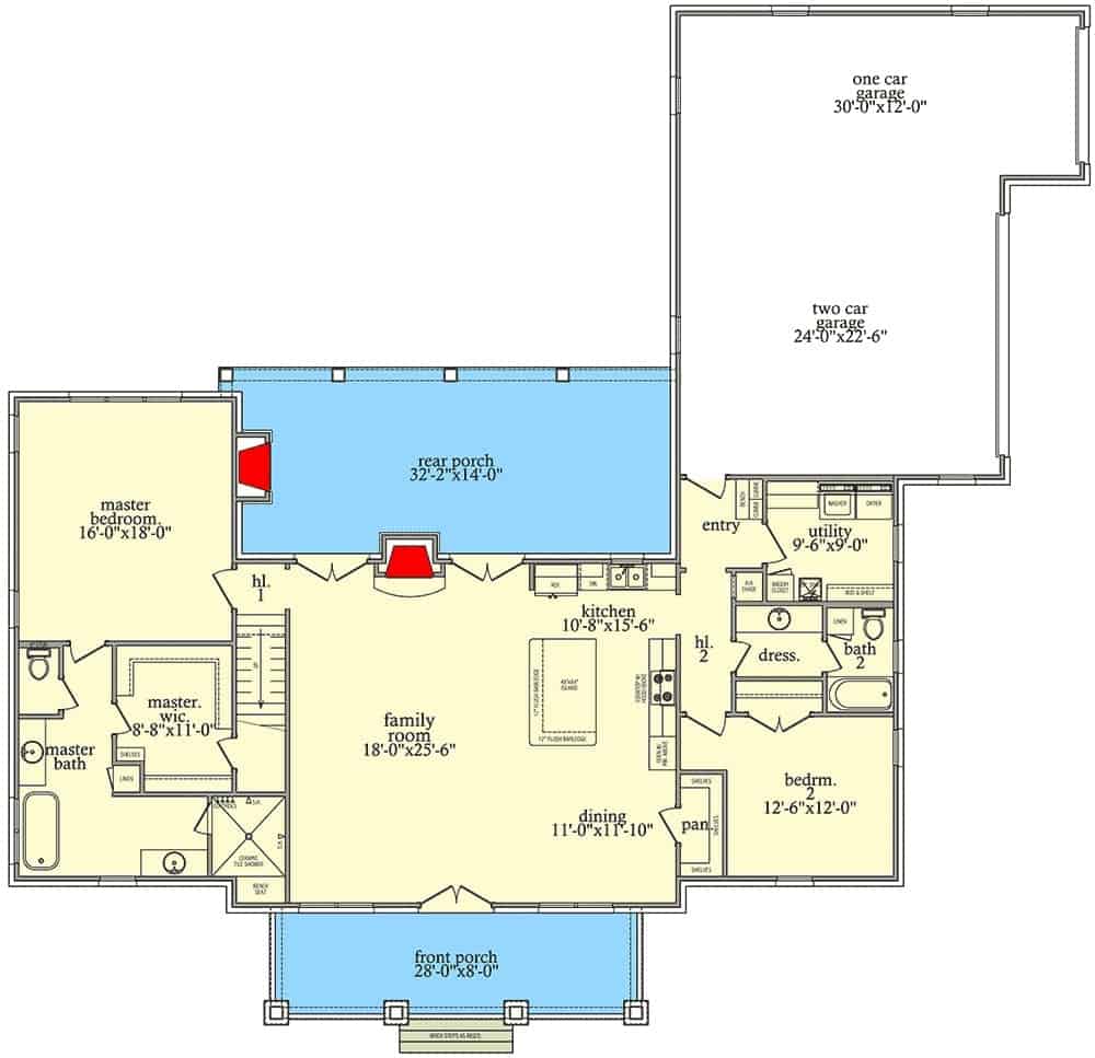 Main level floor plan of a two-story 4-bedroom brick-clad traditional home with front and rear porches, family room, kitchen, dining area, utility room, and two bedrooms including the primary suite.