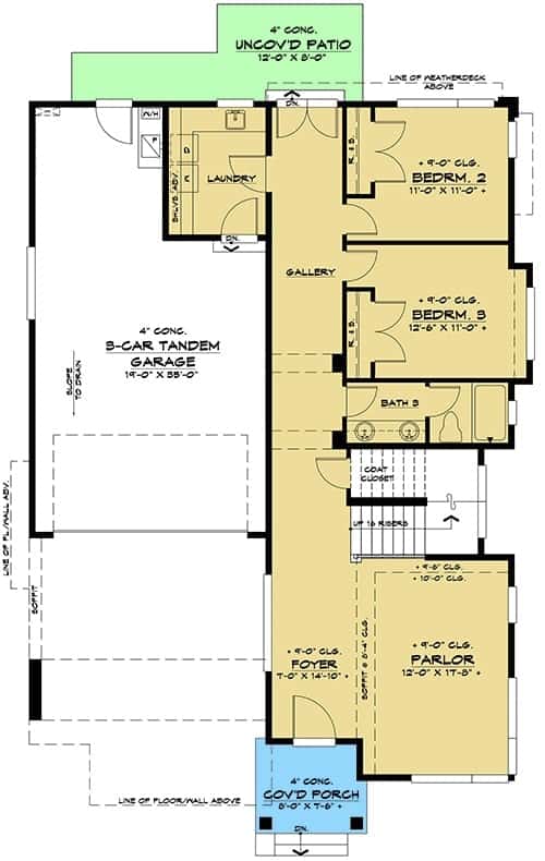 Main level floor plan of a two-story 4-bedroom contemporary home with foyer, parlor, two bedrooms, and a laundry room that opens to the 3-car garage.