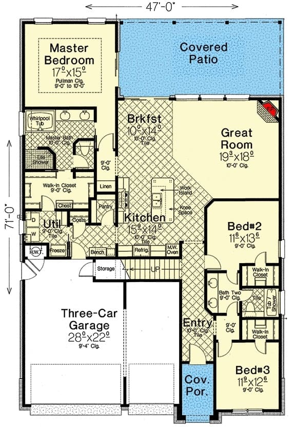 Main level floor plan of a two-story 4-bedroom New American home with foyer, great room, kitchen with breakfast nook, three bedrooms, utility room, and a mudroom that leads to the angled 3-car garage.