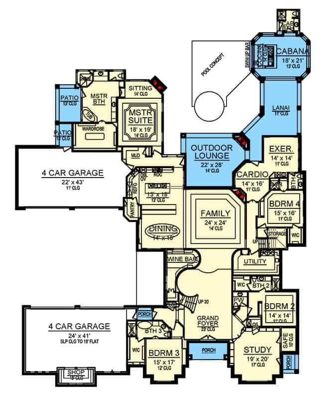 Main level floor plan of a two-story 5-bedroom European home with grand foyer, family room, kitchen, dining area, study, exercise room, bedrooms, utility room, and plenty of outdoor spaces. 