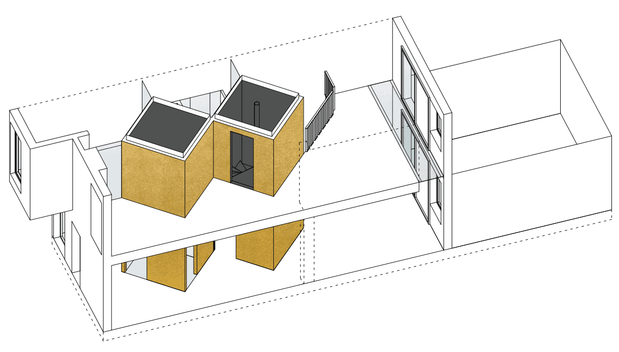 This is an illustrated representation of the house showcasing the yellow structures that stand out and the glass doors leading to the outdoor areas on one side.