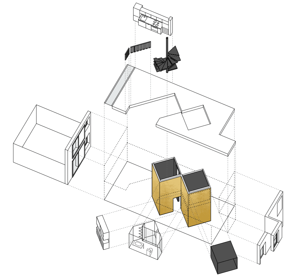 This illustrated representation of the house shows the different pieces of the house that are brought together to assemble the house.