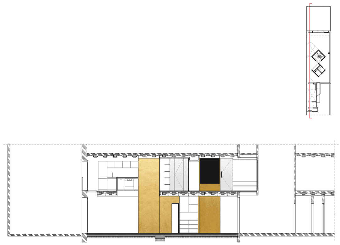 This is the side elevation of the house showing the structures and walls and sections of the house through a wall.