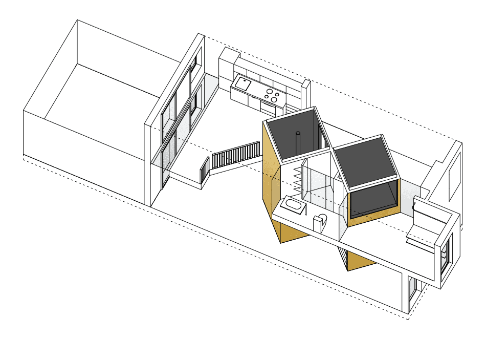 This is an illustrated representation of the house showcasing the yellow structures that stand out and the built-in cabinetry of the kitchen.