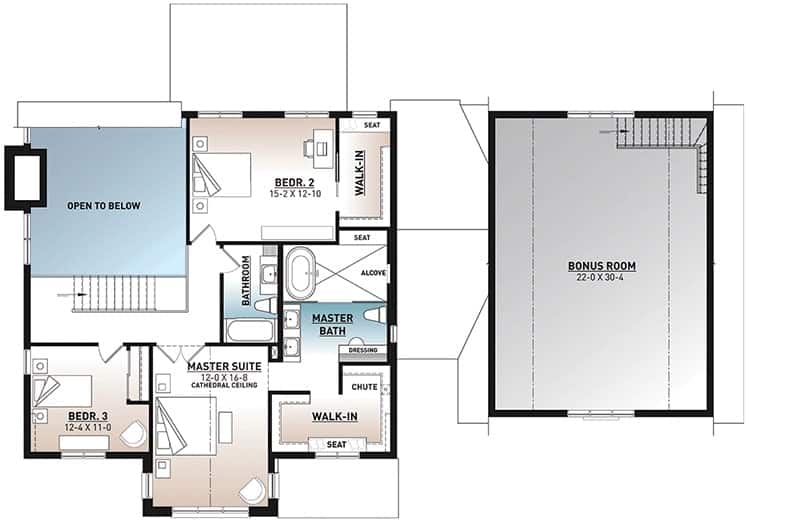 Second level floor plan with three bedrooms and a separate bonus room above the garage.