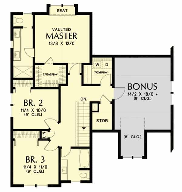 Second level floor plan with three bedrooms, laundry room, storage space, and a spacious bonus room.