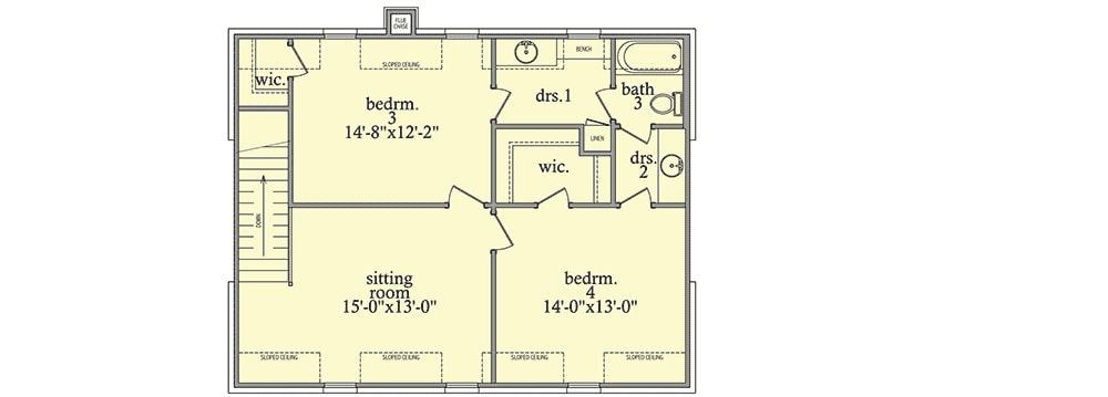 Second level floor plan with two bedrooms, a Hollywood bath, and a loft sitting room.