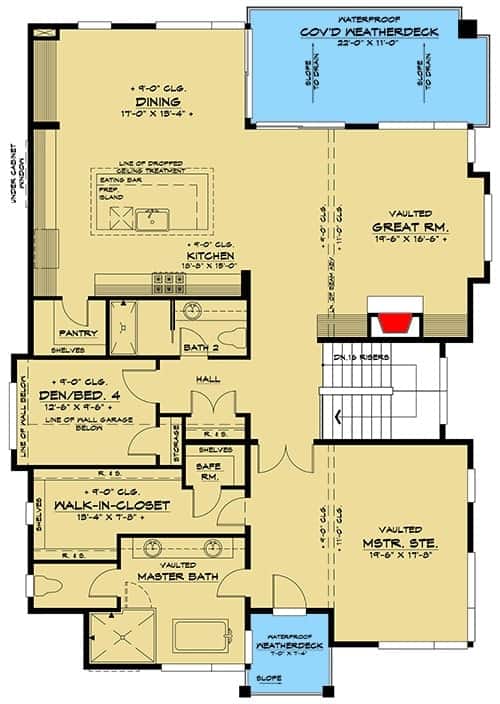 Second level floor plan with great room, kitchen, dining area, weather decks, and two bedrooms including the primary suite and versatile den.