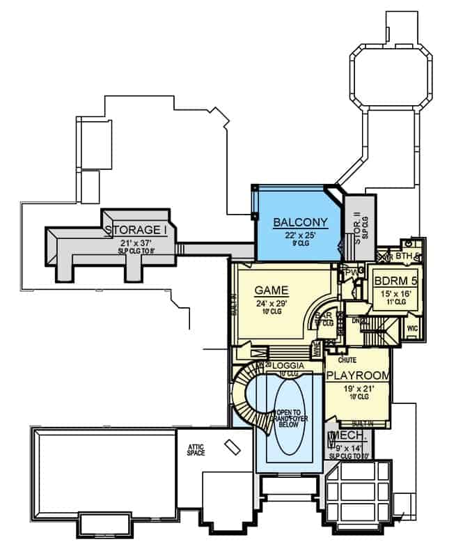 Second level floor plan with a bedroom, playroom, and game room complete with a bar and balcony.