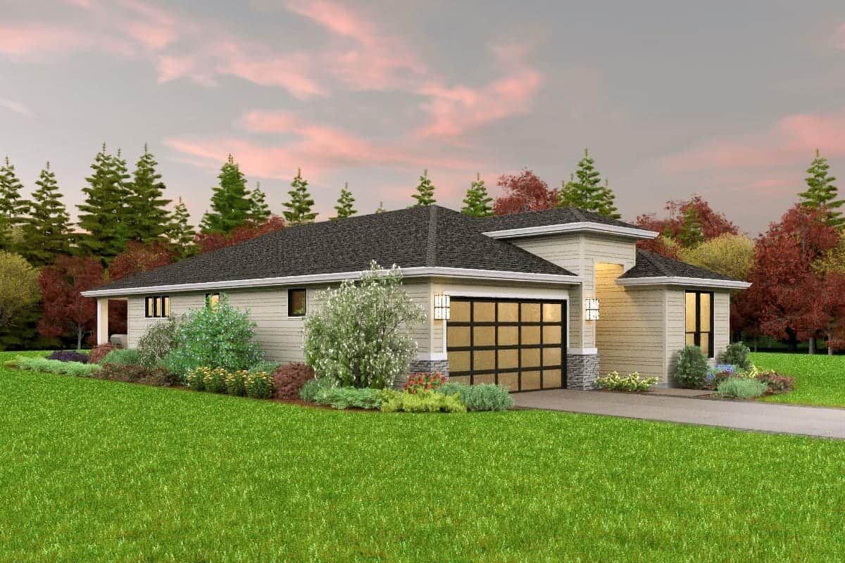 Left rendering of the single-story 3-bedroom contemporary home.