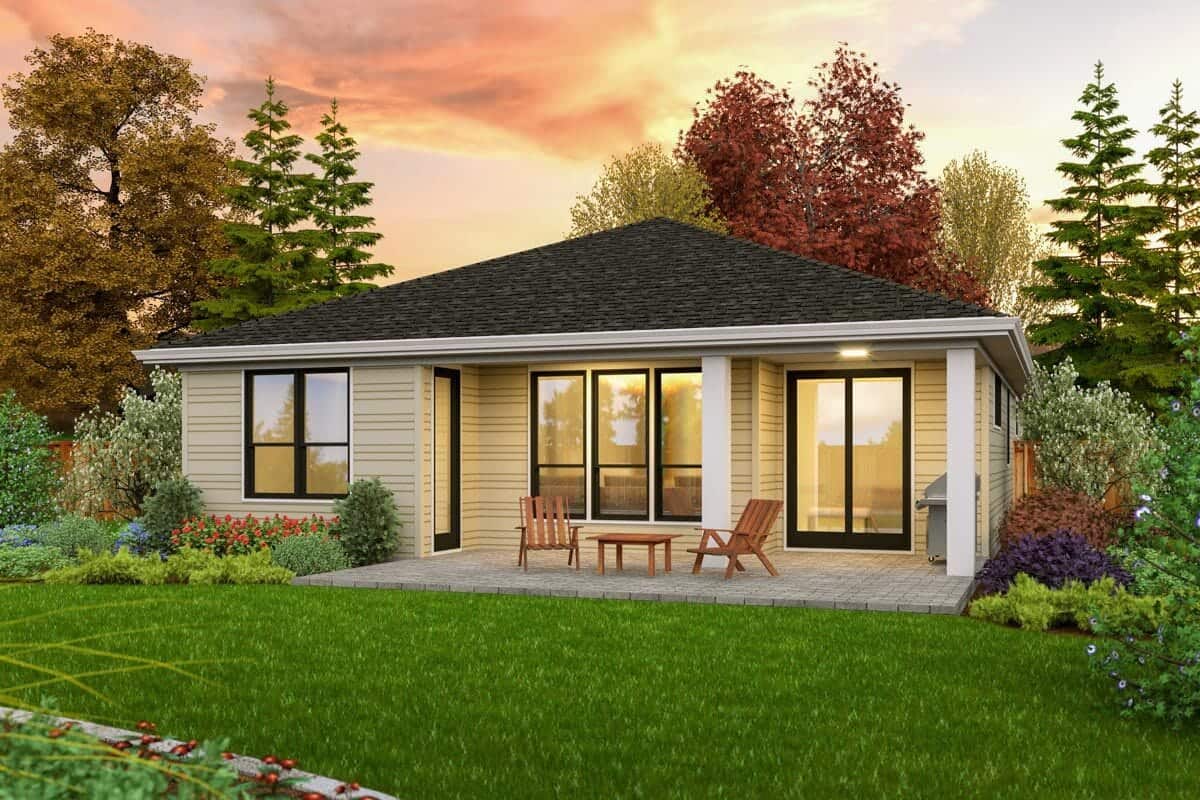 Rear rendering of the single-story 3-bedroom contemporary home.