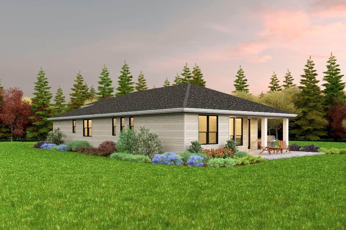 Right rendering of the single-story 3-bedroom contemporary home.