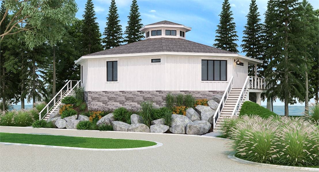 Rear rendering of two-story 3-bedroom modern octagon style home.