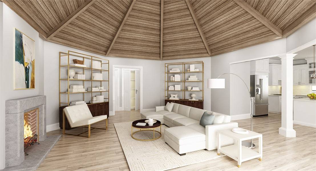 Living room with a fireplace, brass shelving units, white seats, and a dome ceiling with exposed beams.