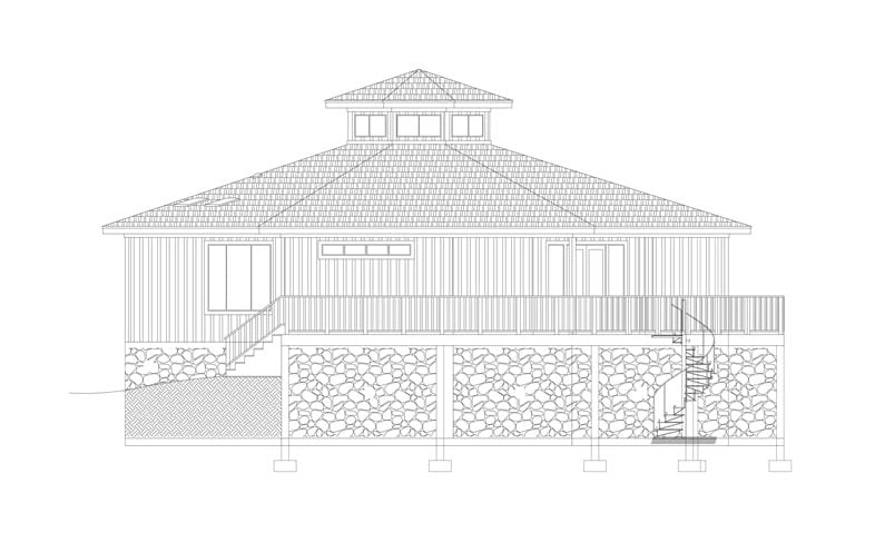 Right elevation sketch of two-story 3-bedroom modern octagon style home.