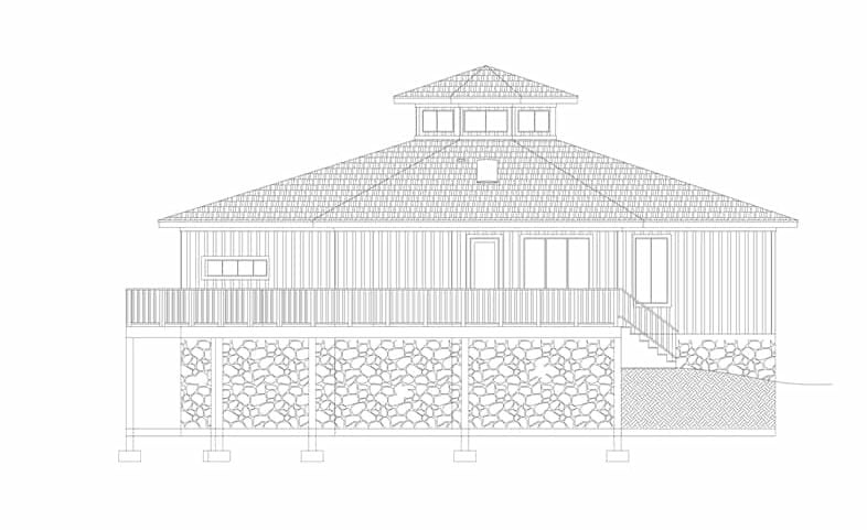 Left elevation sketch of two-story 3-bedroom modern octagon style home.