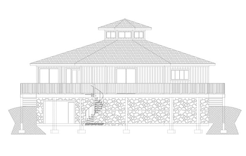 Rear elevation sketch of two-story 3-bedroom modern octagon style home.