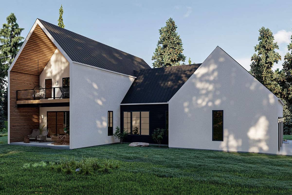 Rear rendering of the two-story 3-bedroom ultra-modern farmhouse.