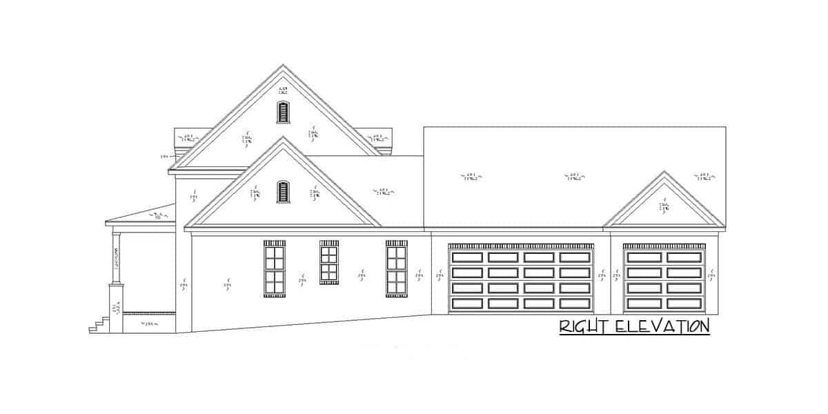 Right elevation sketch of the two-story 4-bedroom brick-clad traditional home.