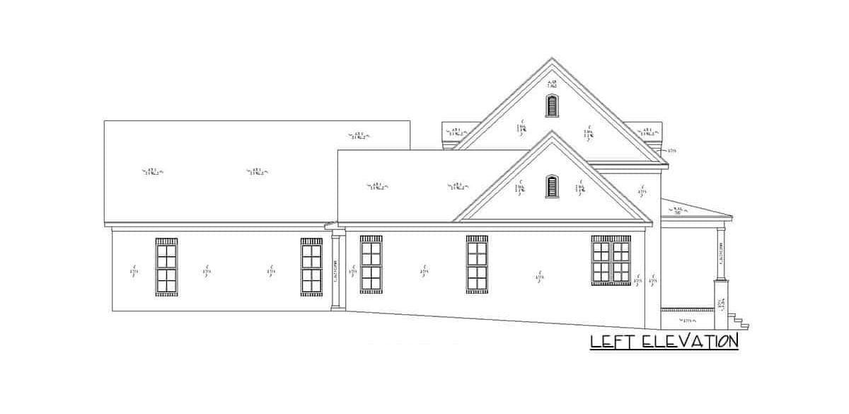 Left elevation sketch of the two-story 4-bedroom brick-clad traditional home.