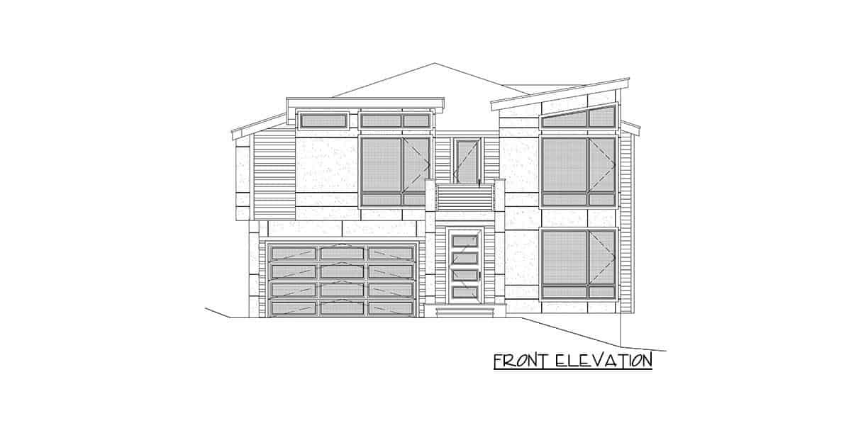 Front elevation sketch of the two-story 4-bedroom contemporary home.