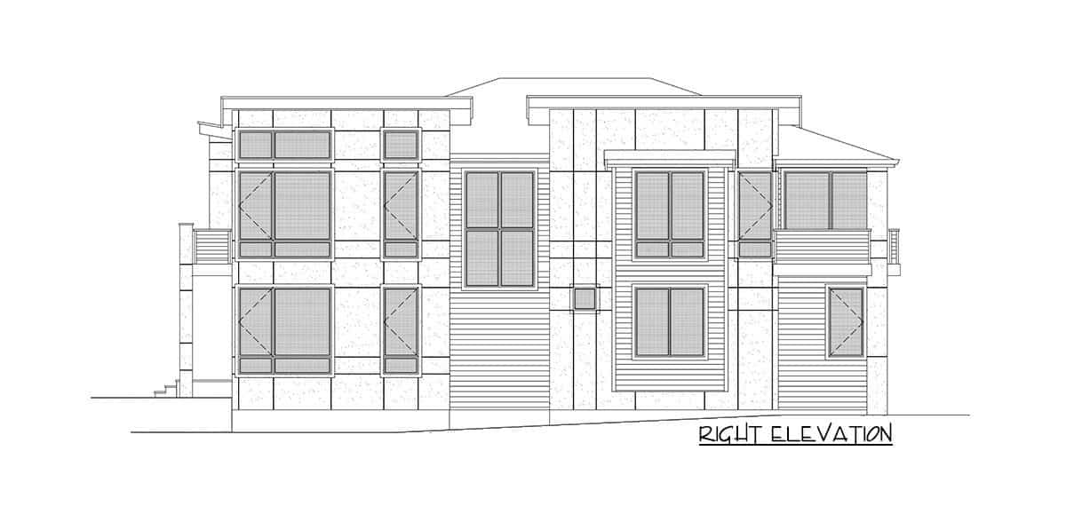 Right elevation sketch of the two-story 4-bedroom contemporary home.