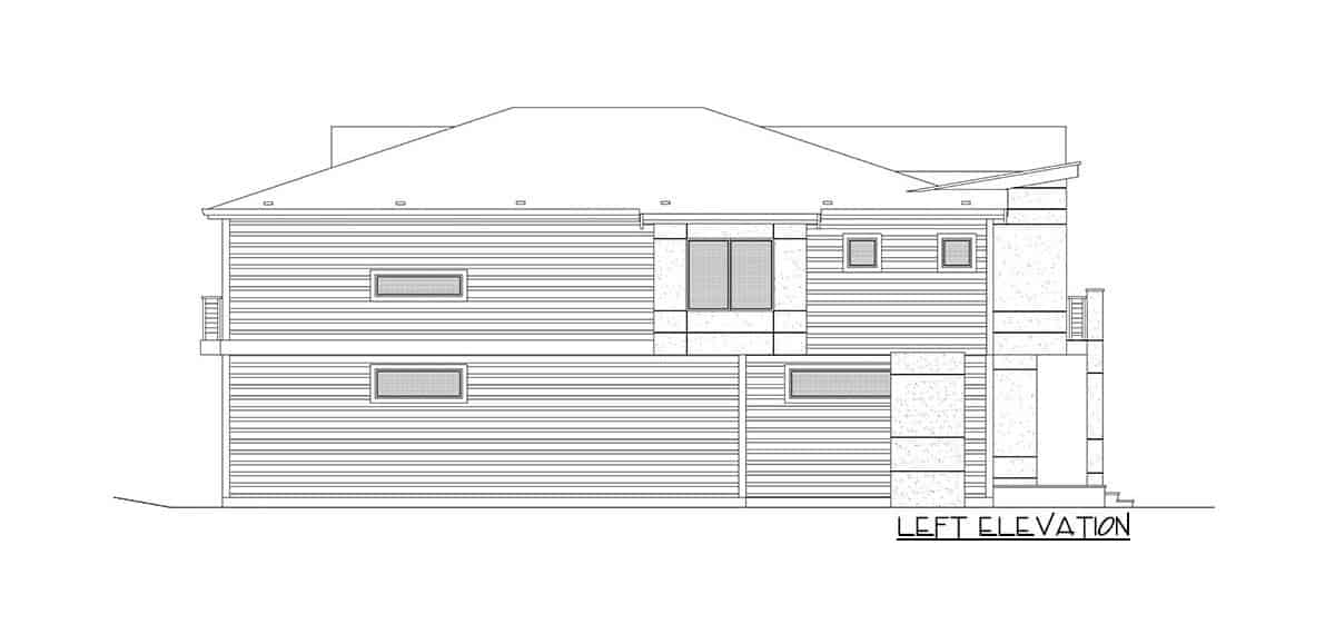 Left elevation sketch of the two-story 4-bedroom contemporary home.