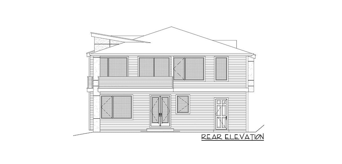 Rear elevation sketch of the two-story 4-bedroom contemporary home.