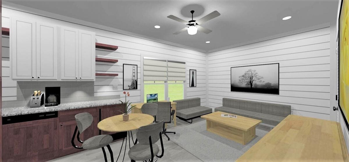 The eat-in kitchen is equipped with wooden and white cabinetry, floating shelves, a granite countertop, and a round dining set.
