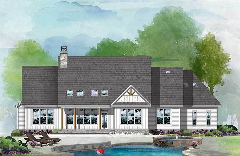 Rear rendering of the 3-bedroom single-story The Roerig modern farmhouse.