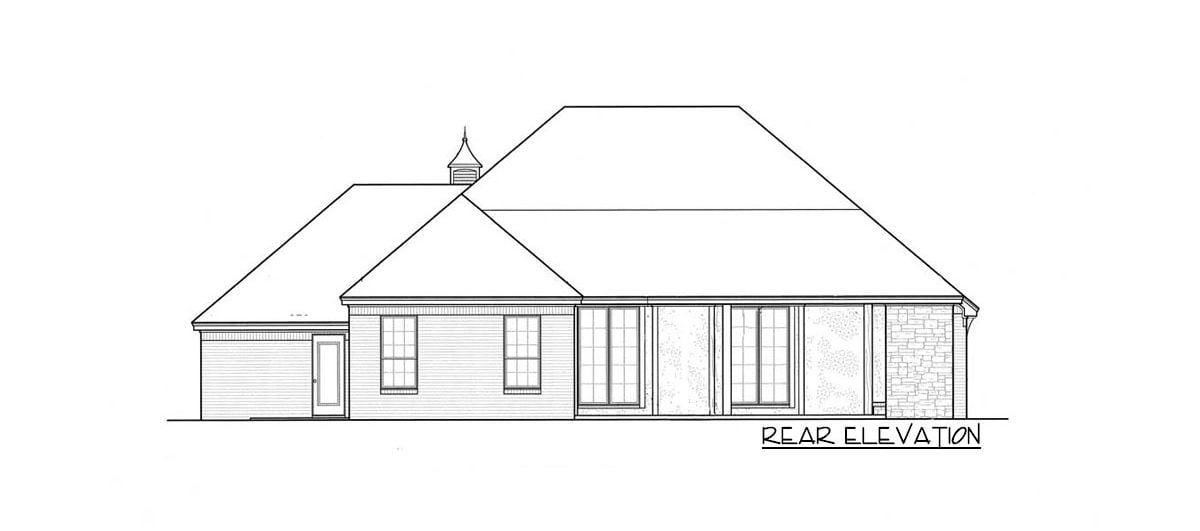 Rear elevation sketch of the 3-bedroom single-story traditional home.Rear elevation sketch of the 3-bedroom single-story traditional home.