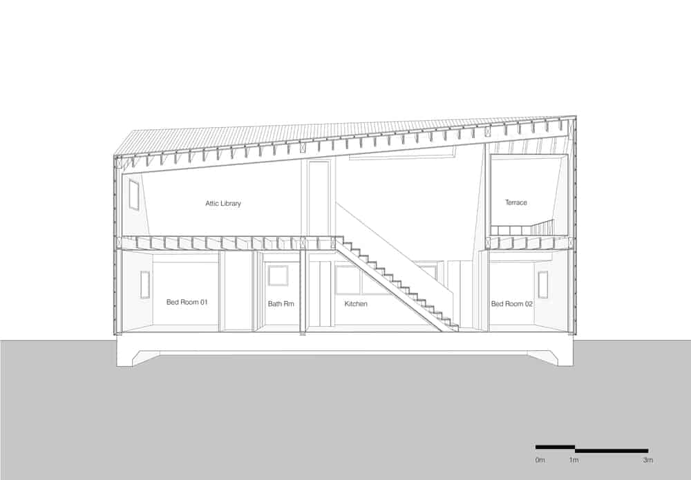 This is an illustration of the longitudinal section of the house showcasing the interior sections.