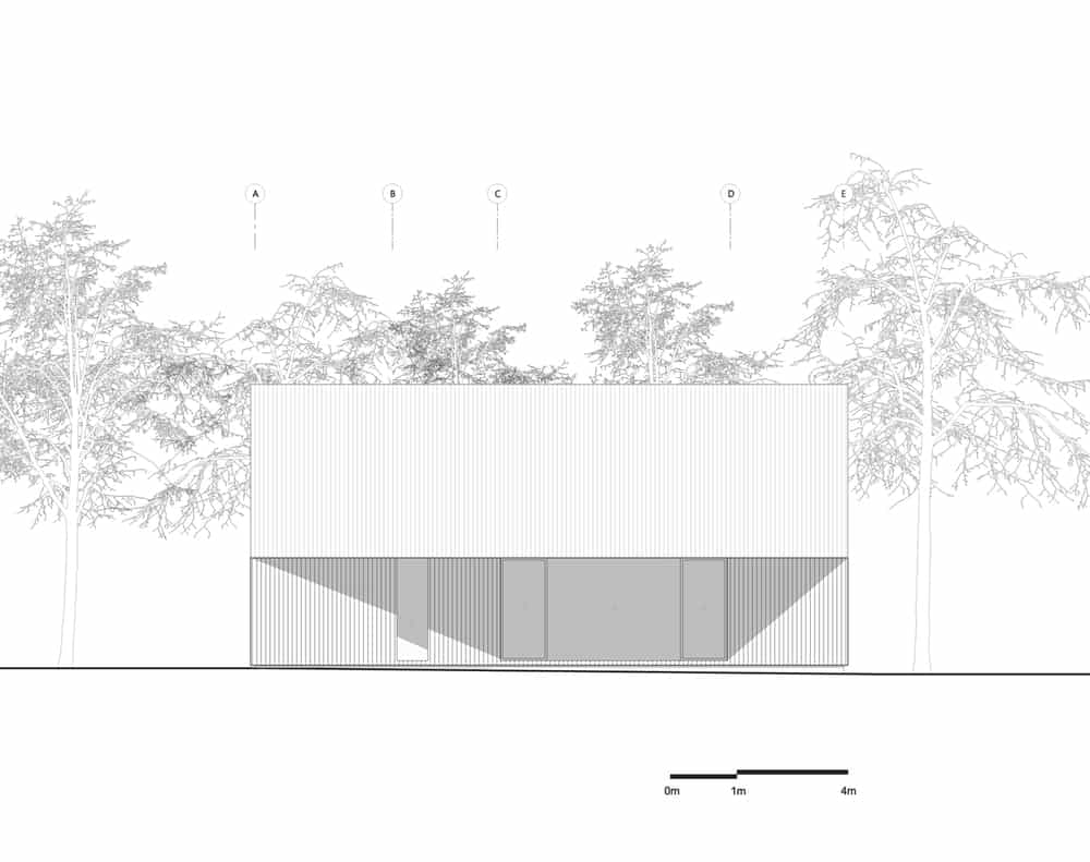 This is an illustration of the south elevation of the house showcasing the exterior wall and windows.