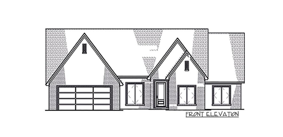 Front elevation sketch of the 4-bedroom single-story Northwest New American home.